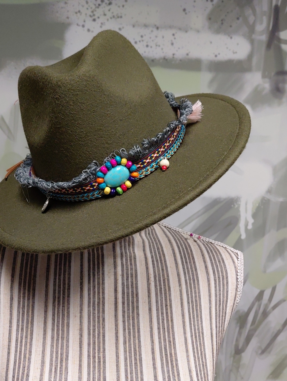 Olive Green Beaded Fedora Hat with Colorful Turquoise Accent (NWOT)